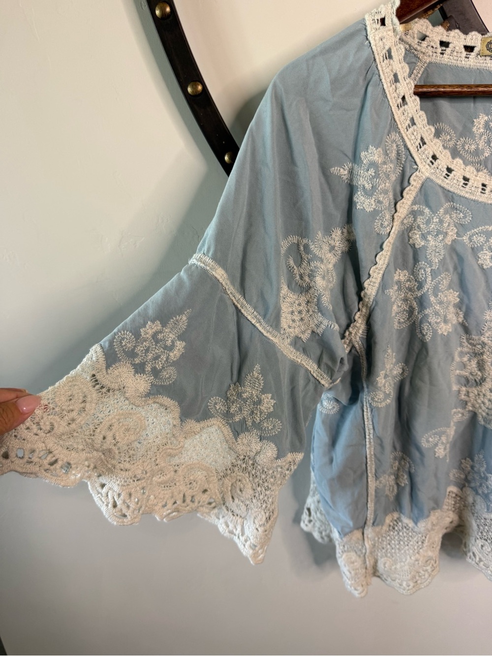 Democracy Pale Blue Embroidered Crochet Peasant Tunic - Picture 4 of 5